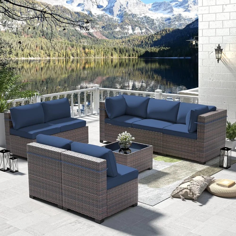 7-Piece Outdoor Patio Furniture Set - All-Weather PE Rattan Sectional Wicker with Replaceable Navy Waterproof Cushions