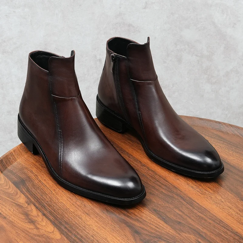 

Men’s Genuine Cow Leather Boots Banquet Business Suits Round Cowhide Black Luxury Shoes Man Winter