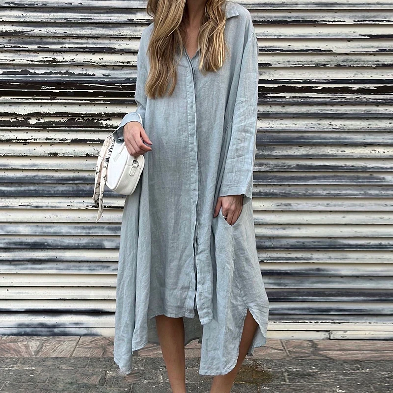 Vestidos Casual Solid Cotton Linen Dresses Women Spring Single Breasted Lapel Shirt Dress Fall Long Sleeve Pocket Cardigan Dress