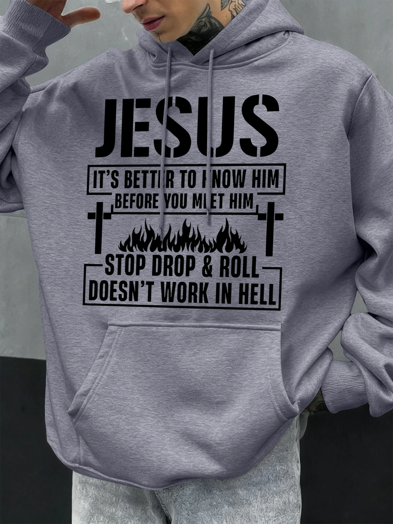Men Hoodie Jesus Letter Cross Flame Graphic Print Pullover Hooded Sweatshirt Autumn Winter Long Sleeve Casual Streetwear Tops