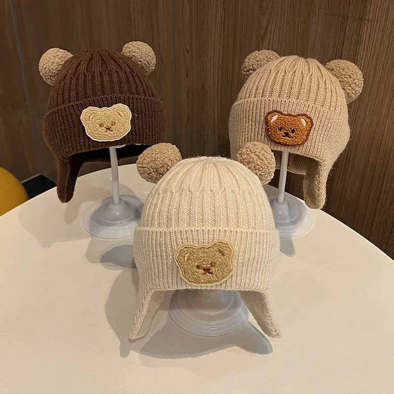 

Baby Wool Keep Warm Hat Children Winter Thickened Warm Knitted Korean Version Baby Hat Cute Bear Ear Protection Windproof Hat