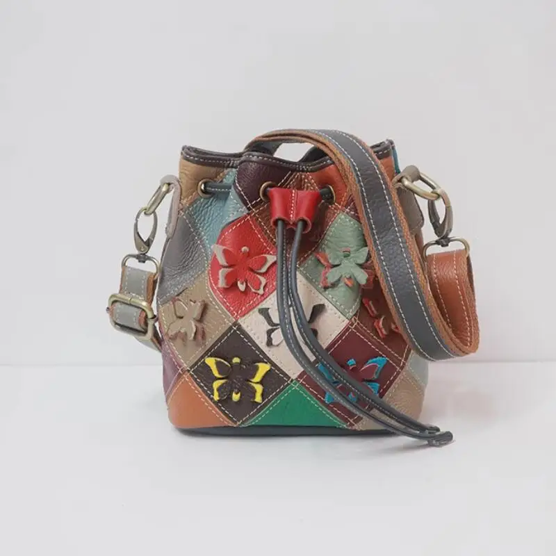 LOMANTINA Colorful Butterflies Genuine Leather Bucket Bags For Girls High Quality Designer Small Crossbody Messenger Bag Tote