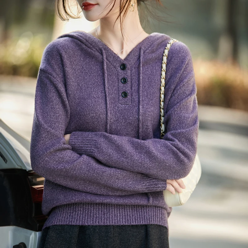 

Autumn and winter women's wool hooded pullover long sleeved floral yarn sweater loose and soft basic style high-quality top