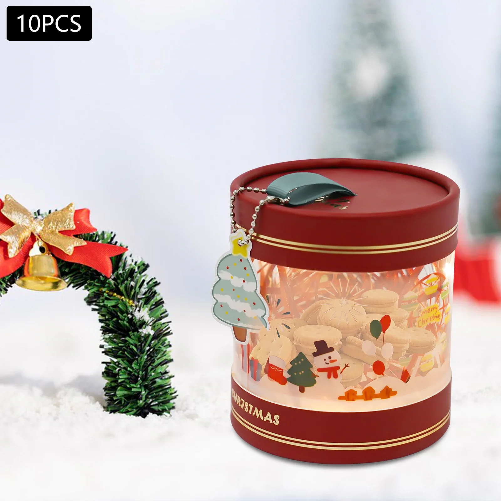 Gift Box Set, 10 Premium Christmas Boxes, Clear PVC and Cardboard, Includes Lights, Hang Tags, and Raffia, Vibrant Red and Gold