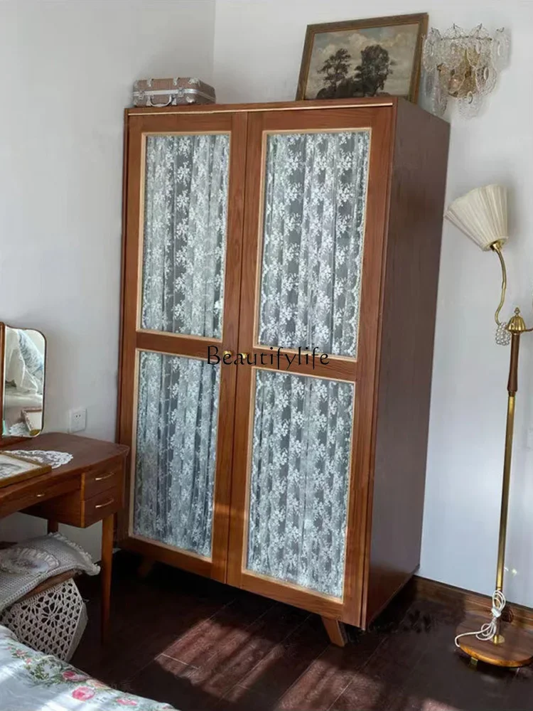 French retro solid wood wardrobe niche double door gauze curtain glass cabinet bedroom storage hanging clothes