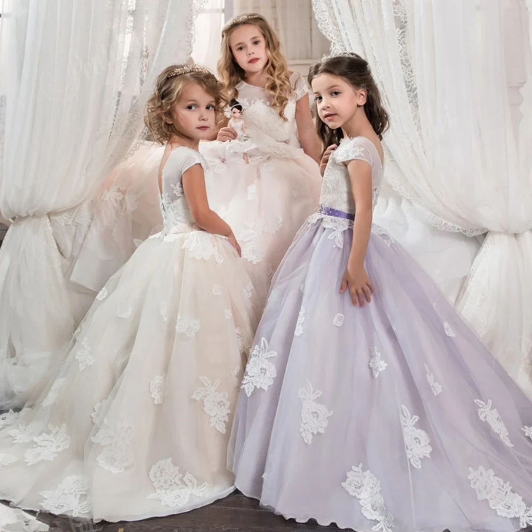 Flower Girl Dresses For Wedding 2023 Princess Glitter Sequined Pageant First Communion Gowns With Bow