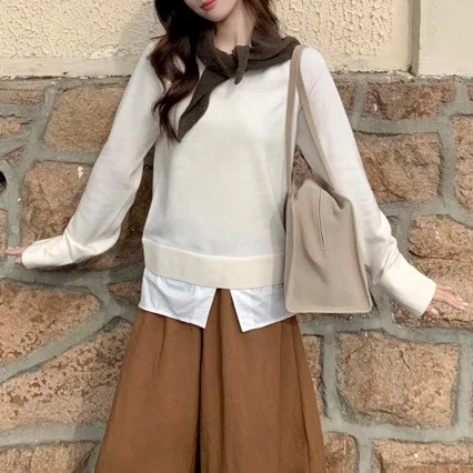 

Тонкий вязаный топ с вставками для женщин, повседневный, модный, из мягкого хлопка, с длинным рукавом, круглым вырезом, пуловер, осенняя новинка