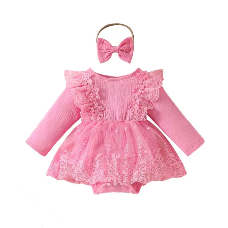 

0-18 Months Newborn Baby Clothes Girl Mesh Skirts Jumpsuit Long Sleeve Solid Color Bodysuits with Hairband Infant Outfits 2024