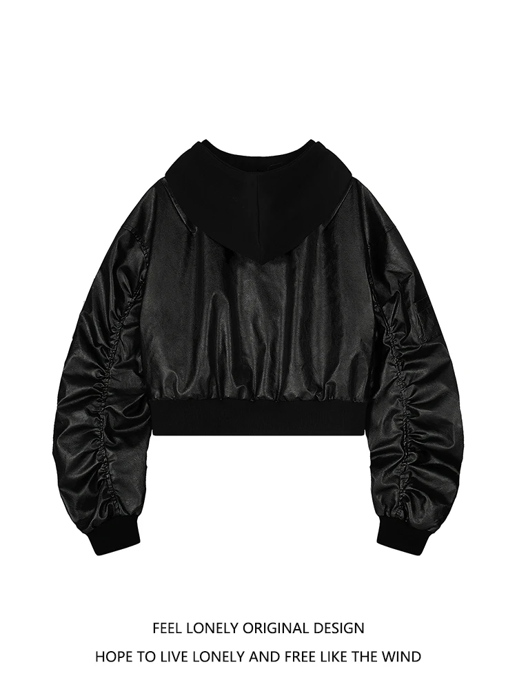 Feel Lonely American Design staccabile in pelle con cappuccio Jaet da donna allentato da motociclista Jaet ort Capispalla Autunno Faion