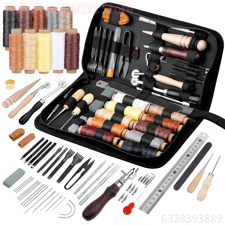 Kit d'outils de travail du cuir pour la couture et la réparation, avec fil ciré, rainureuse et aiguille à coudre, pour débutants et professionnels