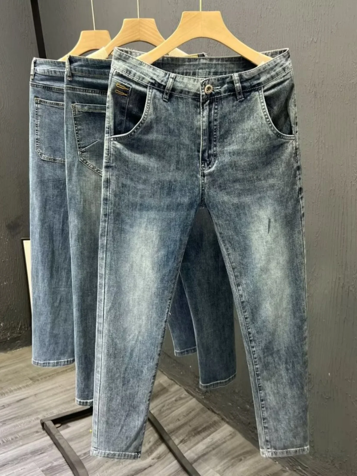 Celana Jeans Biru Waed Retro Pria Kualitas Tinggi Celana Sembilan Titik Mode Musim Gugur Trendi Slim Fit Denim Melar Katun Remaja