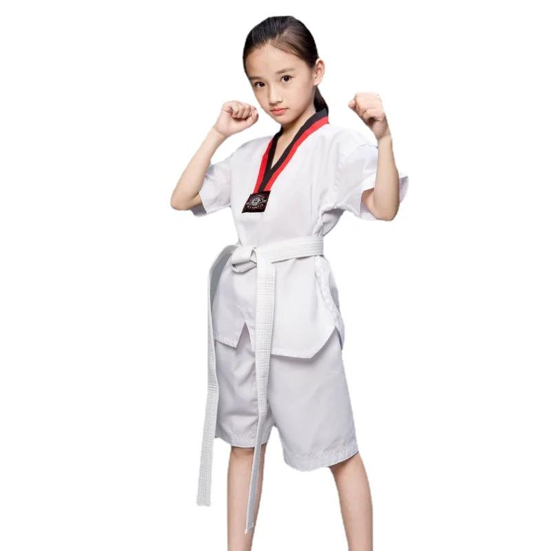 New White Taekwondo Uniforms WTF Karate Judo Dobok Clothes Children Adult Unisex Half Sleeve Gi Uniform TKD Costumes Clothing