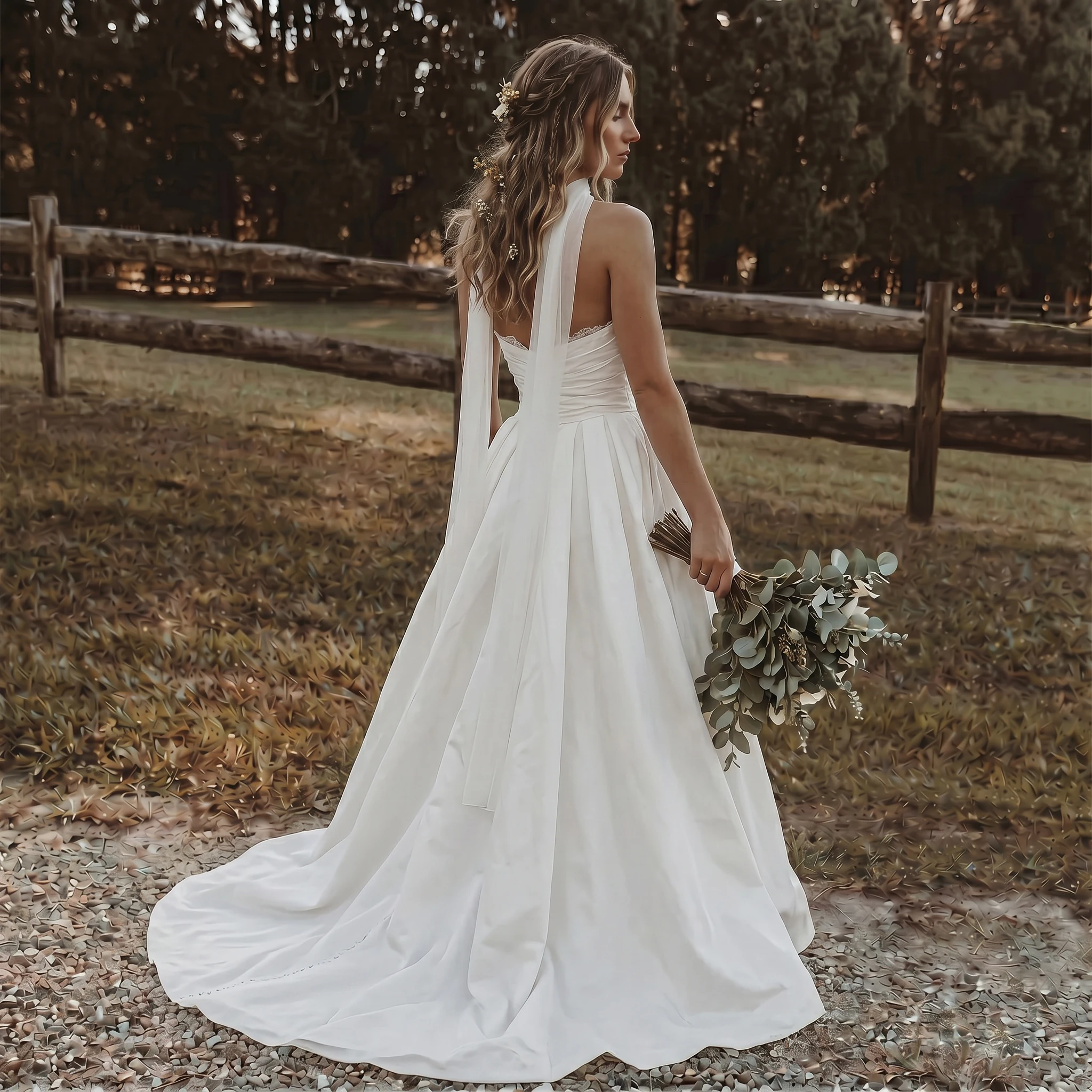 Halter Sweetheart Satin A Line Wedding Dress Ruched Bodice Pearl Detail Open Back Sash Chapel Train Bridal Gown