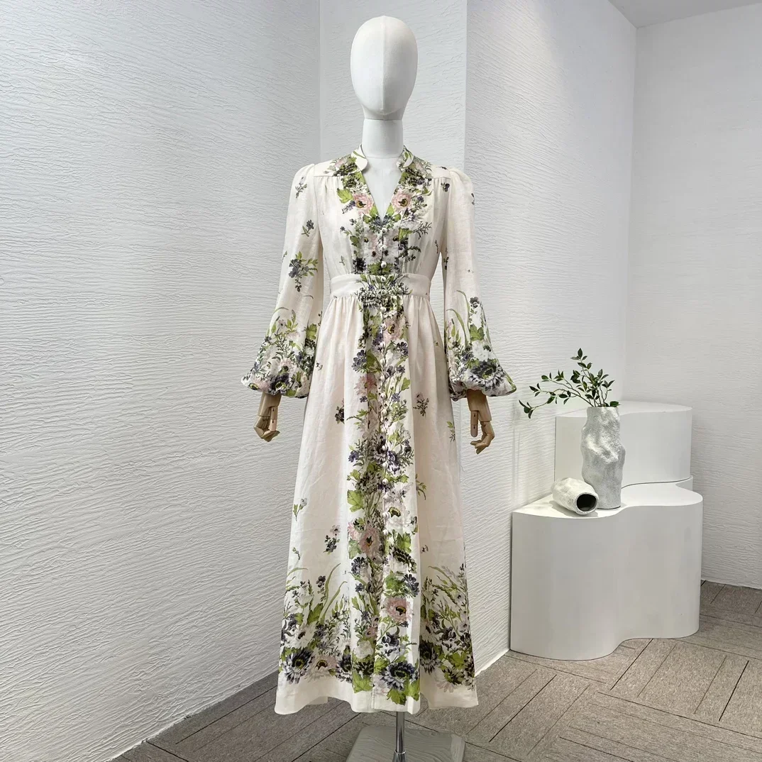 2024 Summer New High Quality Linen White Green Floral Print Long Lantern Sleeve Women Mini Dress for Holiday