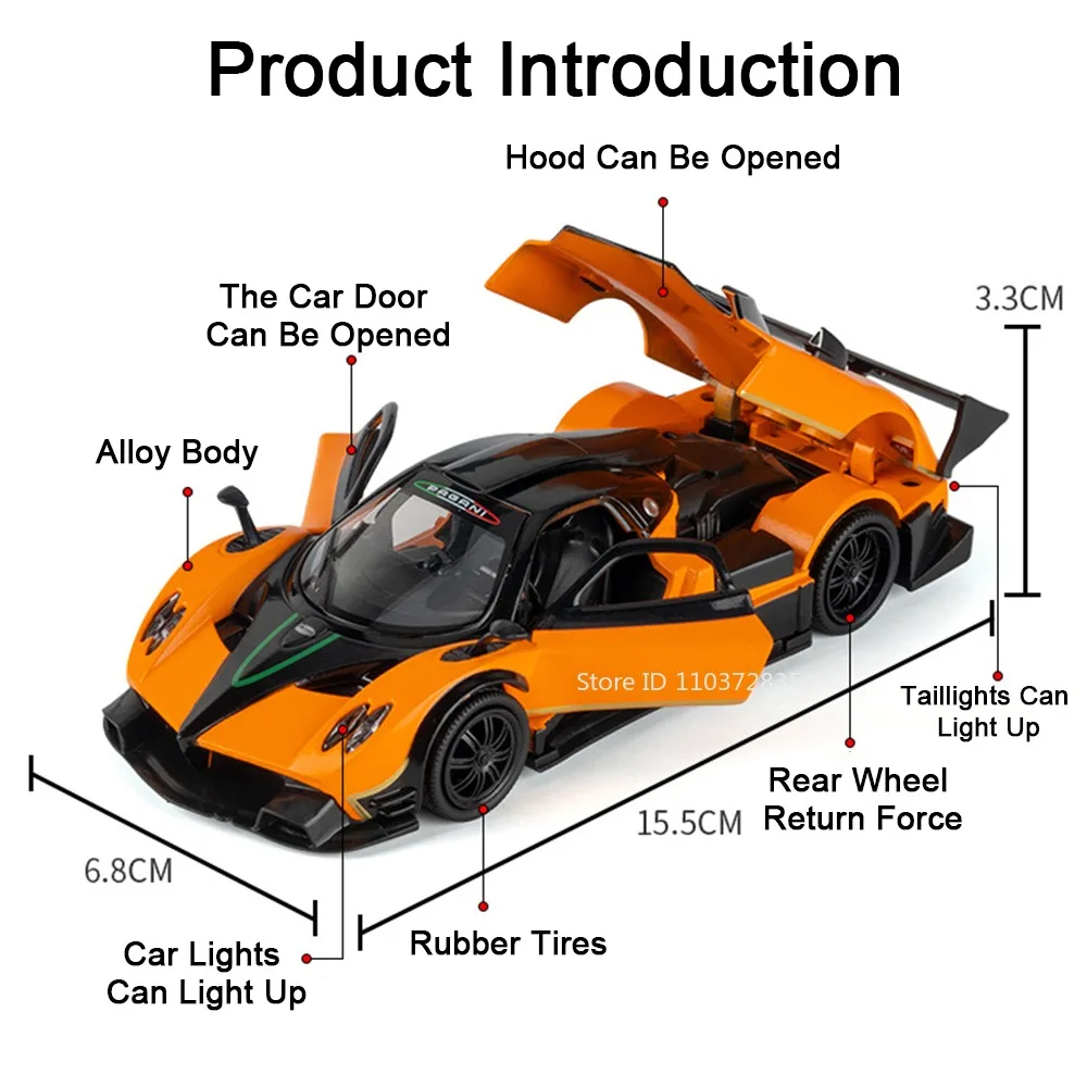 1:32 huayra bc zonda modelo de brinquedo mini supercares liga diecast som luz portas abertas puxar para trás ornamento do escritório modelos de carros esportivos