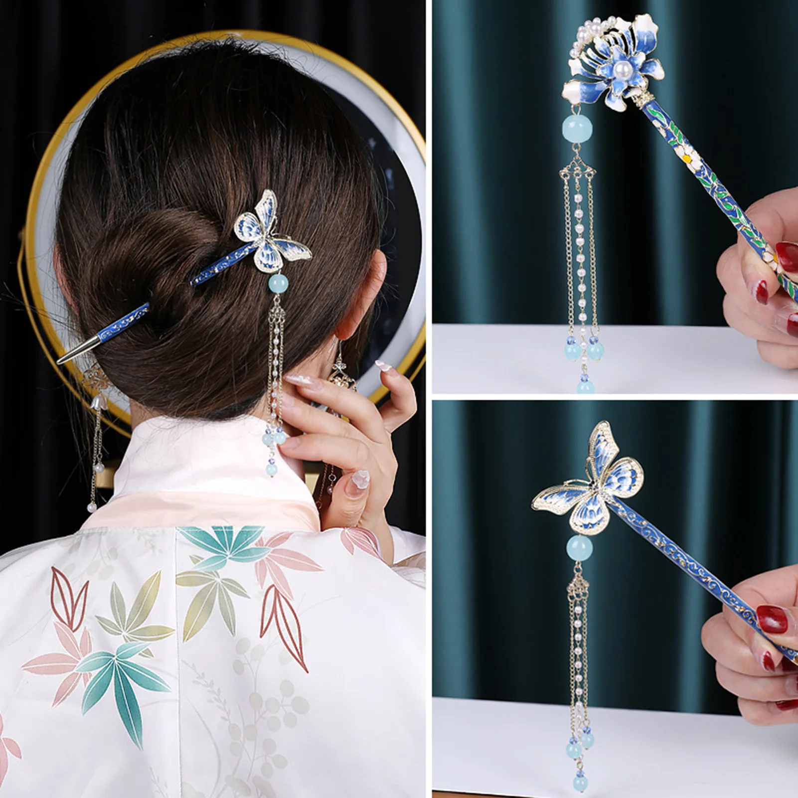 Retro Chignon Hair Stick Blue Headdress With Pearl For Women Butterfly Shaped Hairpin Chinese Hanfu Hair Accessories Tiaras