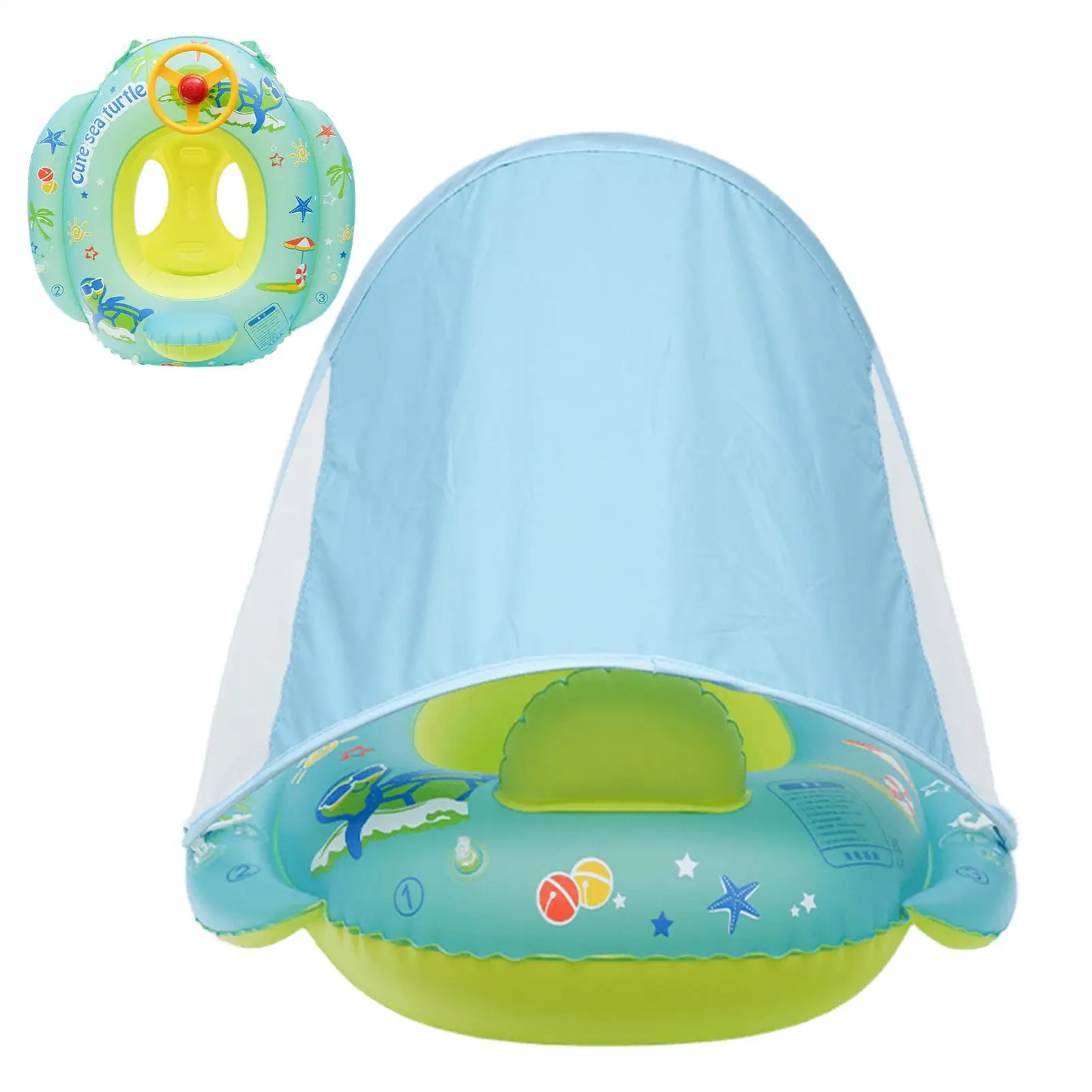 Baby Float With Canopy Baby Swim Float With Canopy Inflatable PVC Swim Ring 1-4 Years Old Cartoon Steering Wheel Toy For Sun