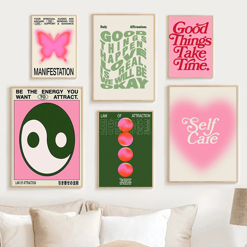 Green Pink Wall Art Set Manifestation Affirmation Print Modern Trendy Gradient Spiritual Poster Dorm Home Decor Canvas Murals