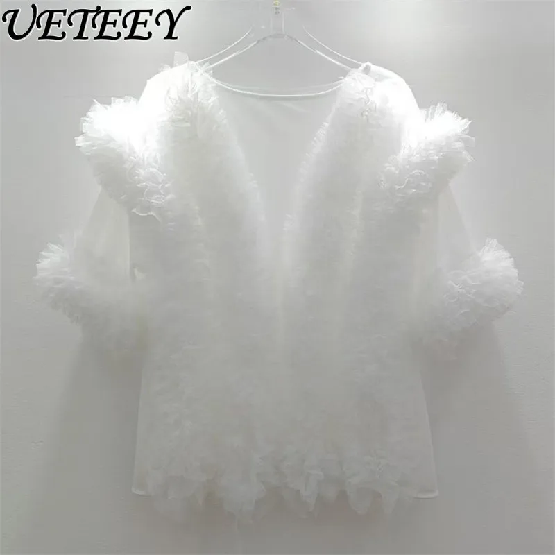 

Japanese Light Luxury High-end Wooden Ear Edge Shirt Women Mesh Yarn Hollow Design Niche Unique Beautiful Mesh Shirts Blouse Top