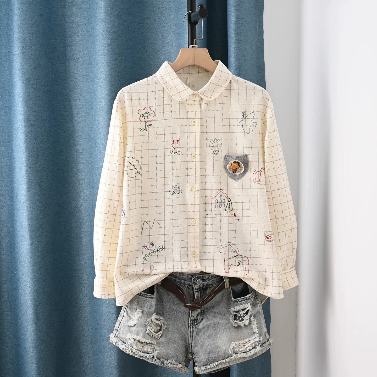 

2026 Kawaii clothes mori girl Japanese style original peter pan collar cartoon print shirts cotton brushed long sleeve blouses