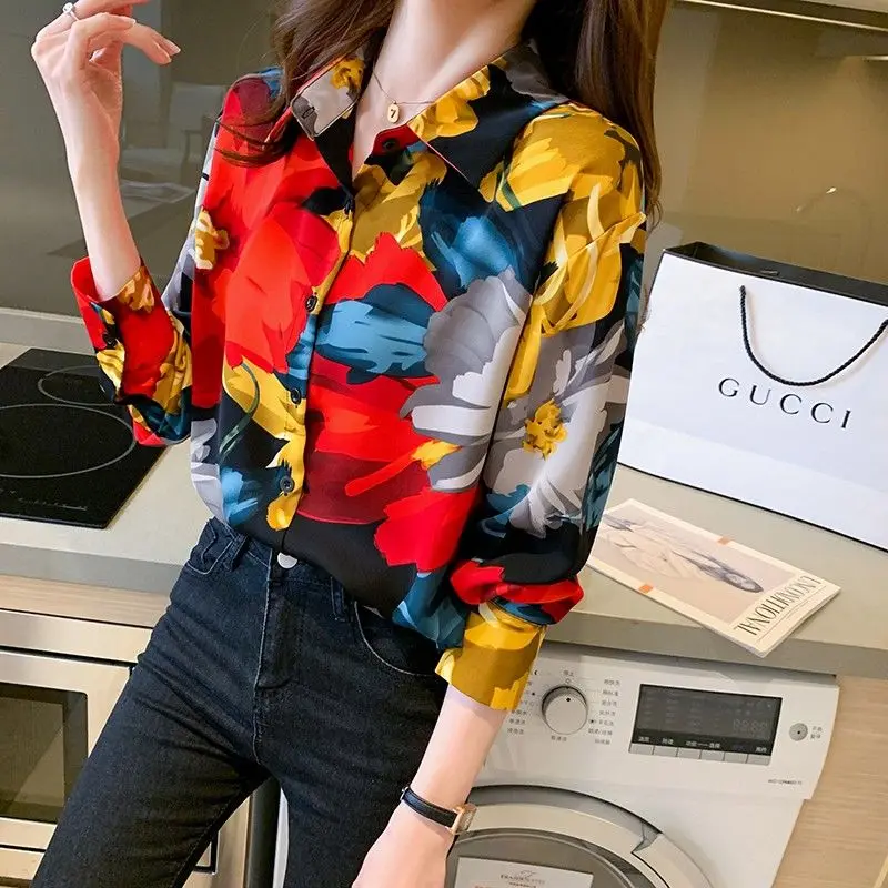 Female Elegant Floral Print Fashion Blouse Spring Autumn Vintage Casual Long Sleeve Korean Loose Turn-down Collar Button Shirt