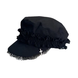 Japanese Women Double Layers Lace Beret Cap Fashion 2000s Girls Gothic Punk Cross Pendant Octagonal Hat Street Photography Hat
