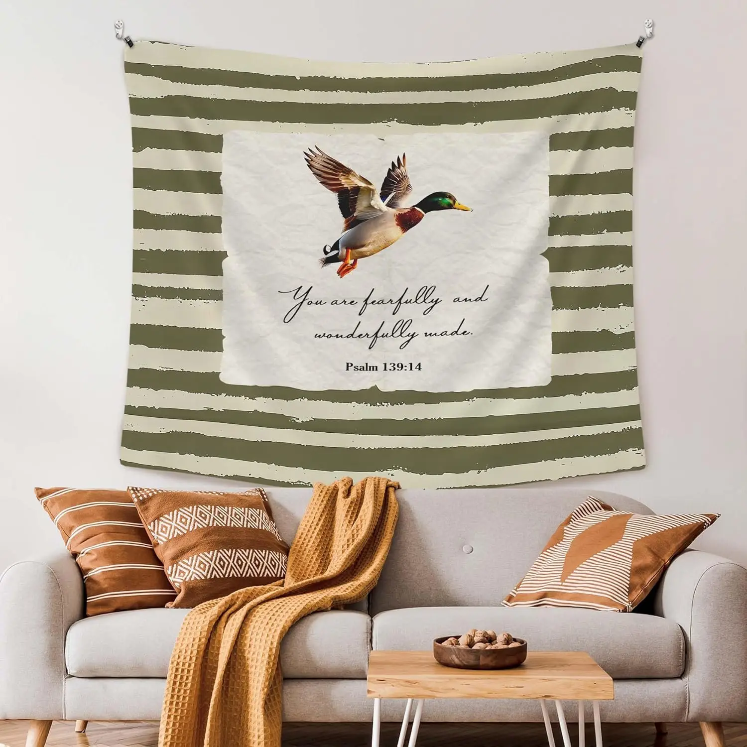 Rustic Tapestry Wall Hanging Inspirational Scripture Bible Verse Decor Christian Quote Psalm 139 Duck Bird Artwork Farmhouse Sty