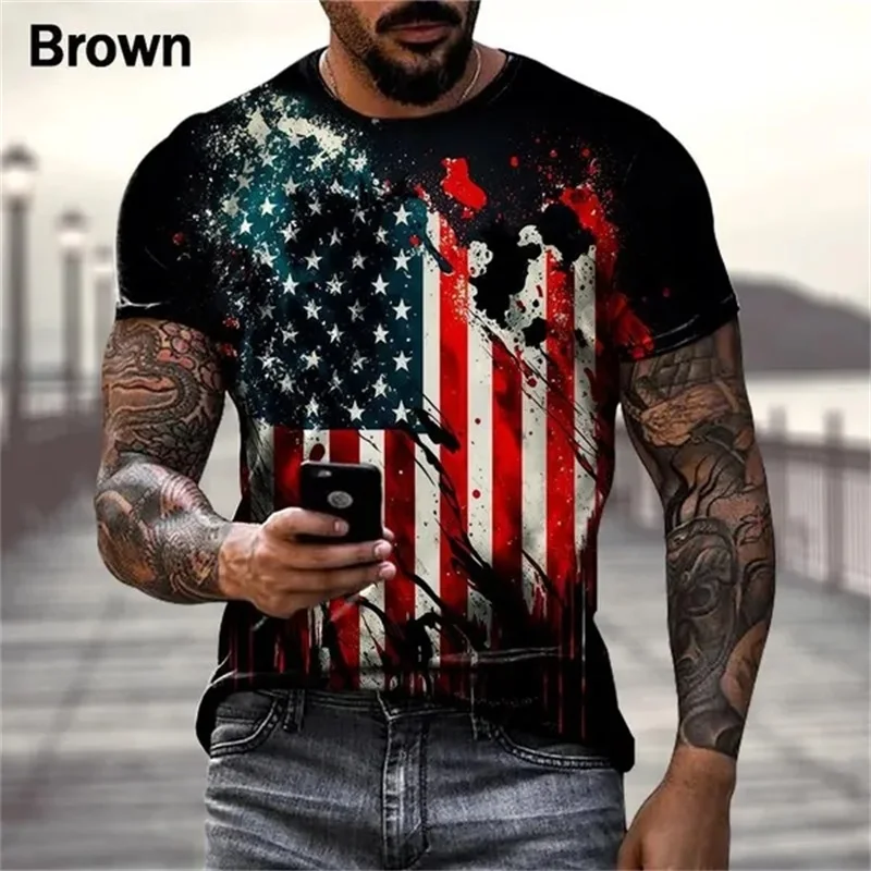 T-shirt gráfico dos homens impressos em 3D da bandeira dos EUA, manga curta, camisetas extragrandes, hipster personalizado, streetwear retro