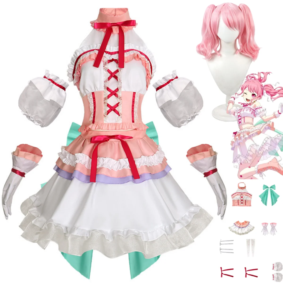 

Anime BanG Dream! Maruyama Aya Cosplay Costume 10th Anniversary Pink Lolita Princess Dress Wig Woman Cute Masquerade Suit