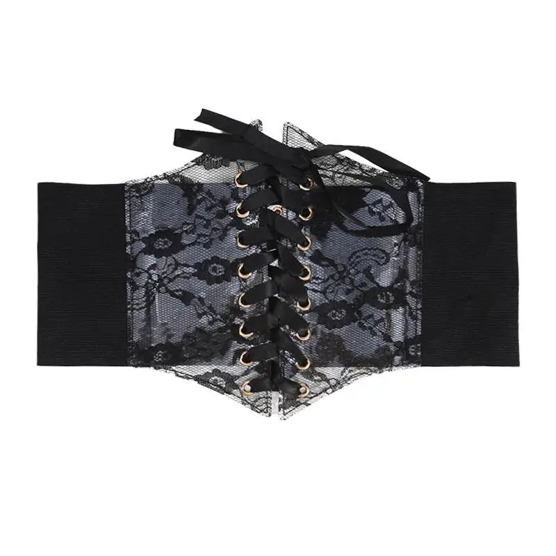 Women Wide Lace Corset Waist Belt Flower Embroidery Nylon Waistband Strap Stretchy Decorative Slimming Body Belts
