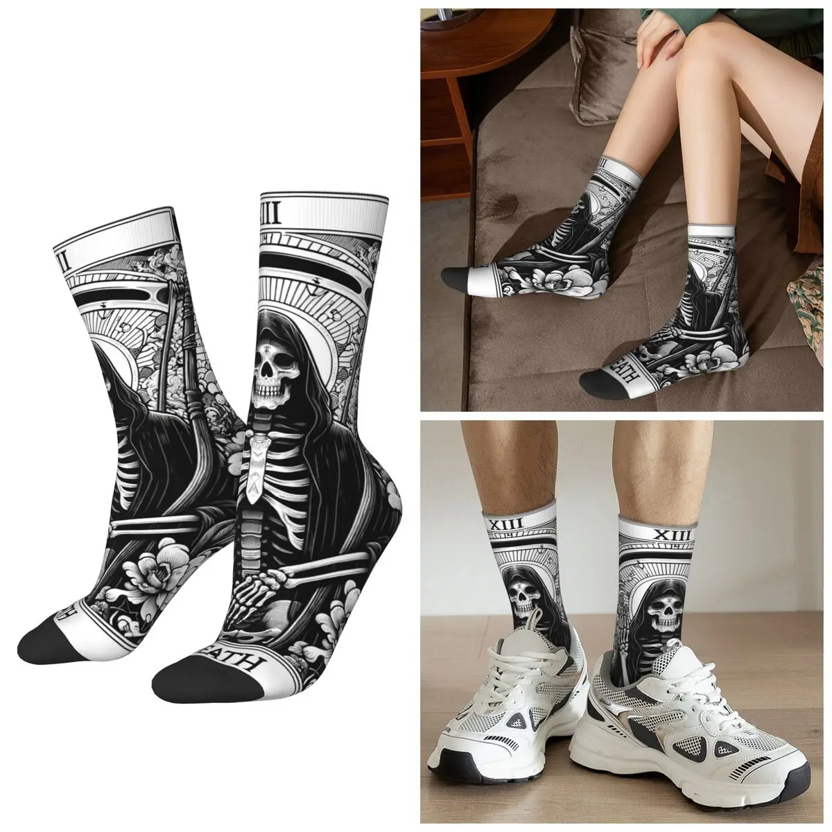 

All Seasons Death Tarot Card Halloween Skull Reaper Socks Harajuku Sport Middle Tube Socks Fashion Stockings for Men Women Gifts