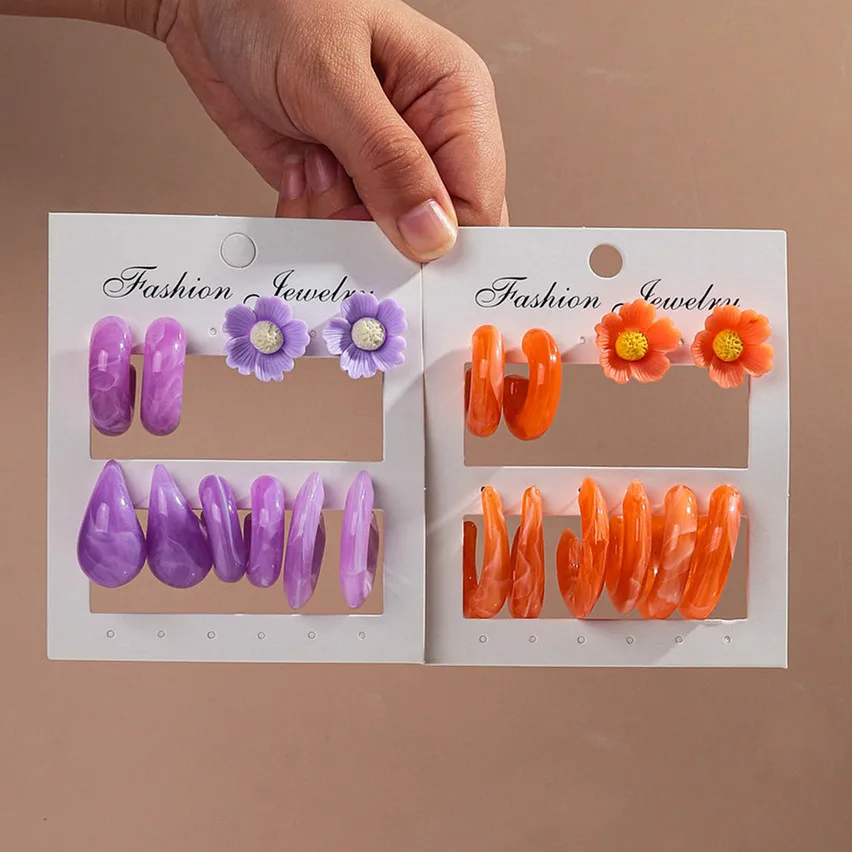 

New 10pcs/set Colorful Acrylic Circle Earring Hoops for Women Korean Geometric Flower Dome Earring 2024 Trendy Jewelry Set Gift