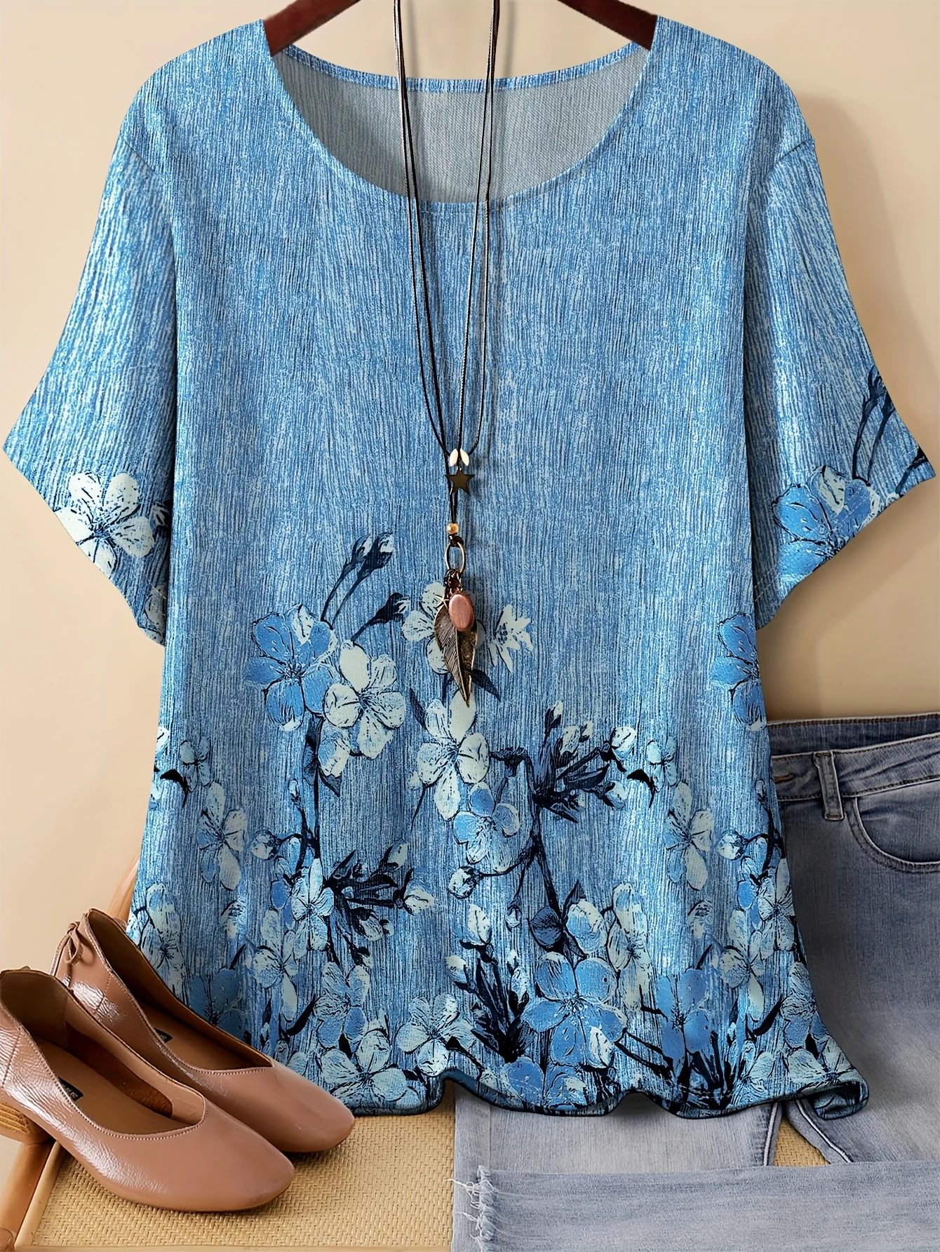 Women Plus Size Short Sleeve Blouse Blue Textured Base Floral Print Round Neck Loose Casual Summer Comfortable Tops