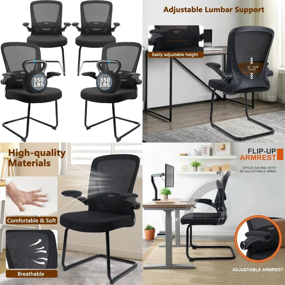 كرسي مكتب شبكي متوسط الظهر مع دعم قطني ومساند للذراعين قابلة للطي وقاعدة زلاجات لمنطقة الاستقبال