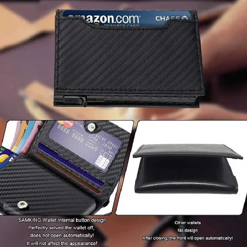 Porte-cartes de crédit Slim Fit Pop Up pour homme, portefeuille en métal avec blocage RFID, fibre de carbone minimaliste, cuir