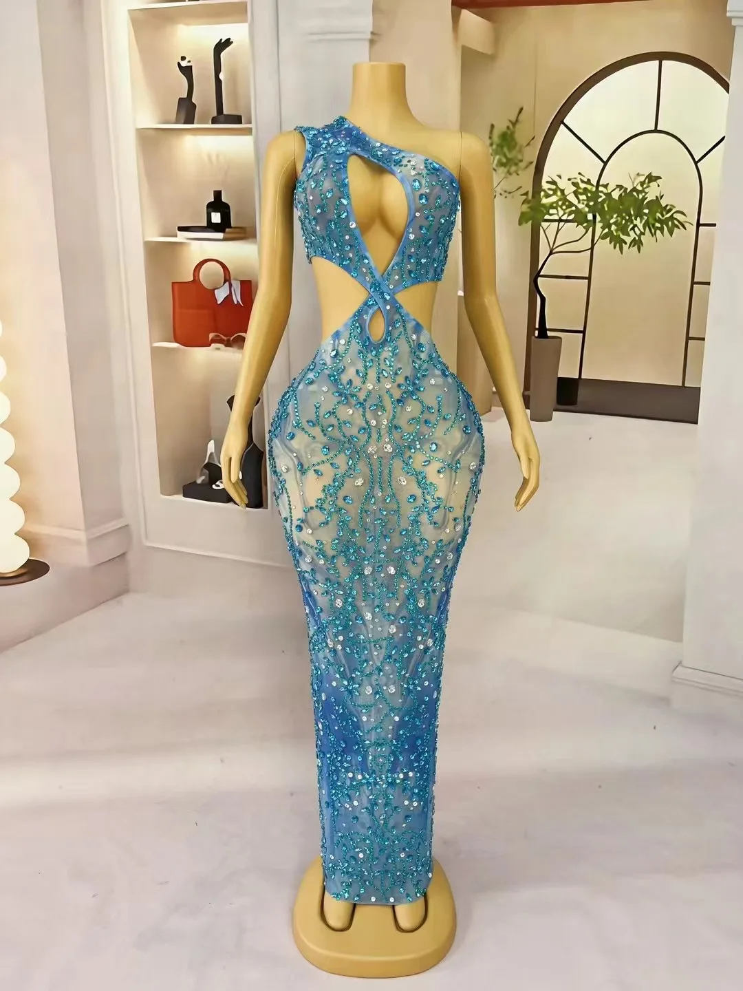 Sexy Sparkly Rhinestones Hollow out Blue Maxi Dress Women Elegant Cocktail party Club Prom Red carpet Gown Perform Costume