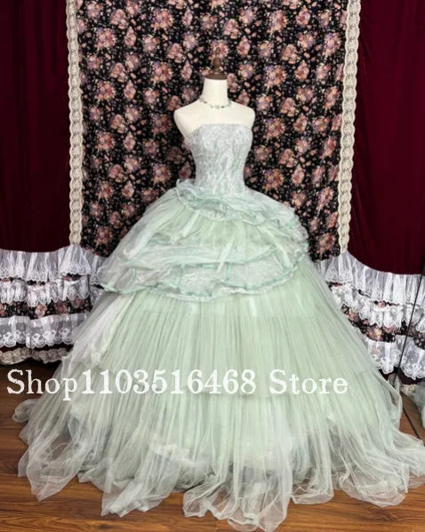 

Green Dresses Sheath Quinceañera Gowns Sweet 16 Lace Embellished Evening Dresses Corset Puffy Hem Vestidos De 15 Quinceañera