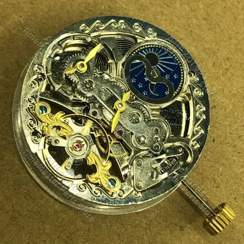 China automatic machinery dual time zone hollow engraved movement, two time, six o'clock balance wheel, watch accessories