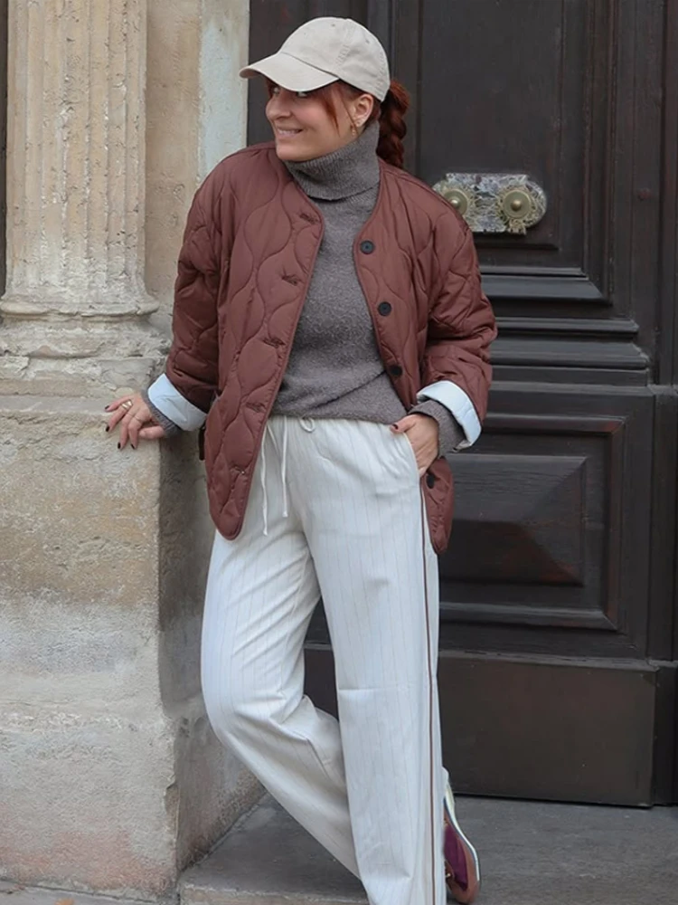 Herbst Vintage Braun Lose Polsterung Baumwolle Jacke Frauen Kausalen Oansatz Einreiher Übergroßen Mantel 2025, Winter Frauen Outwear