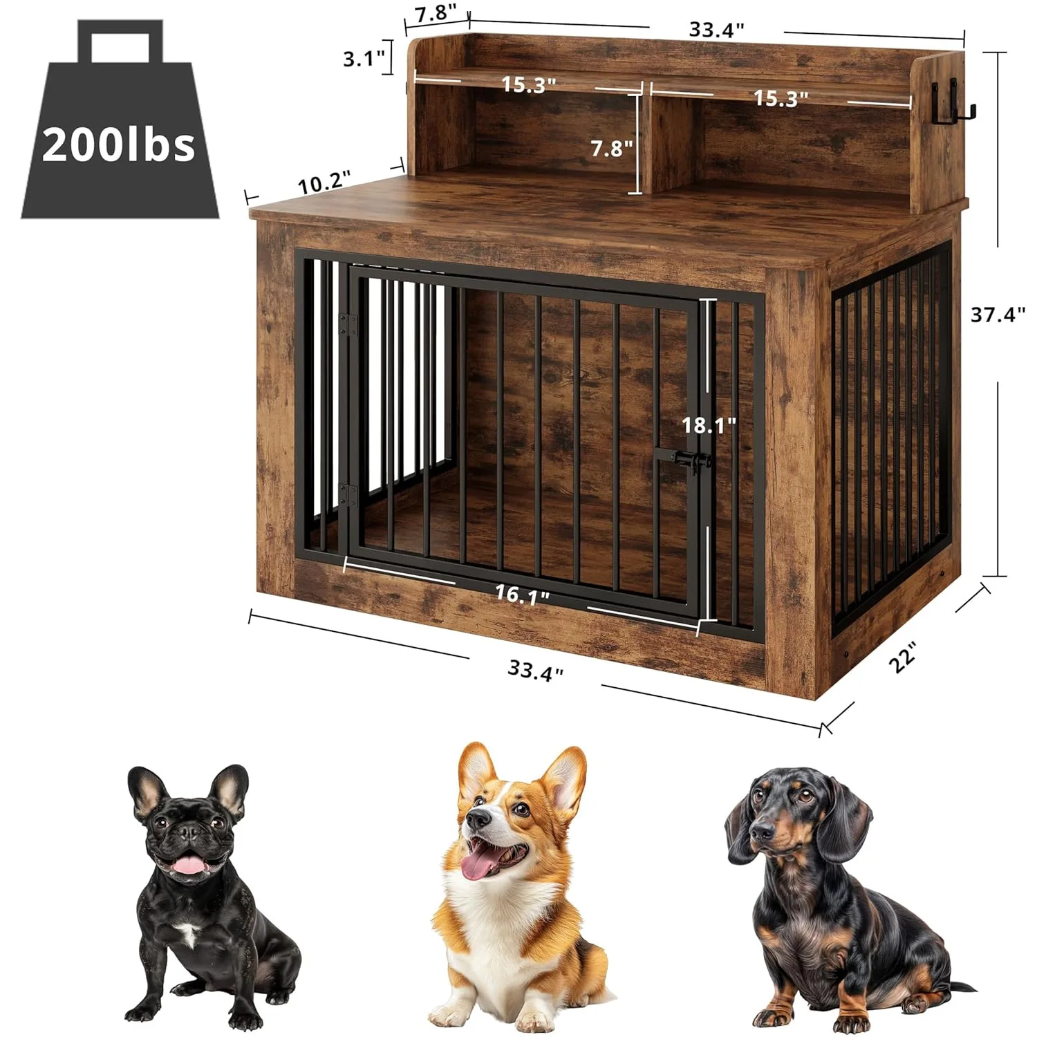 Large wooden dog cage with storage function and 4 hooks