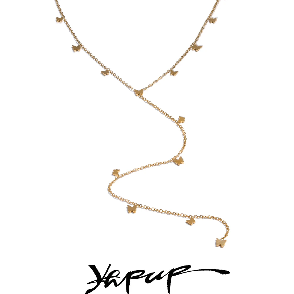 Yhpup Fashion Stainless Steel Small Butterfly Long Drop Necklace Gold Platinum PVD Plated Sexy Chic Thin Bib Chain Jewelry