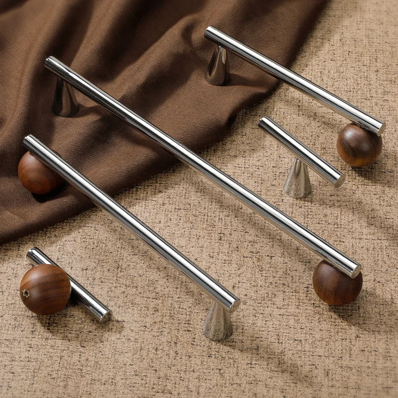 Shiny Silver Brass Cabinet Handles Chrome Wardrobe Pulls with Walnut Wood Ball Drawer Bar Modern Furniture Door Knobs