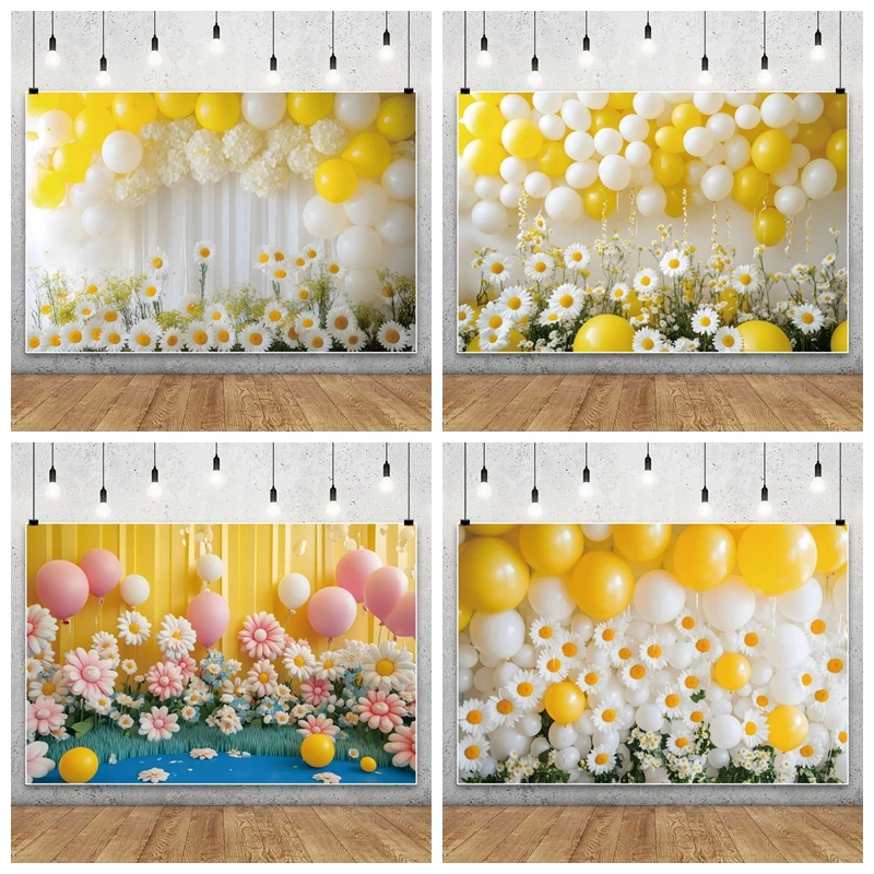 

Yellow Balloon Little Daisy Baby 1st Birthday Backdrop Newborn Kids Portrait Photographic Background For Photo Studio Shoot Prop