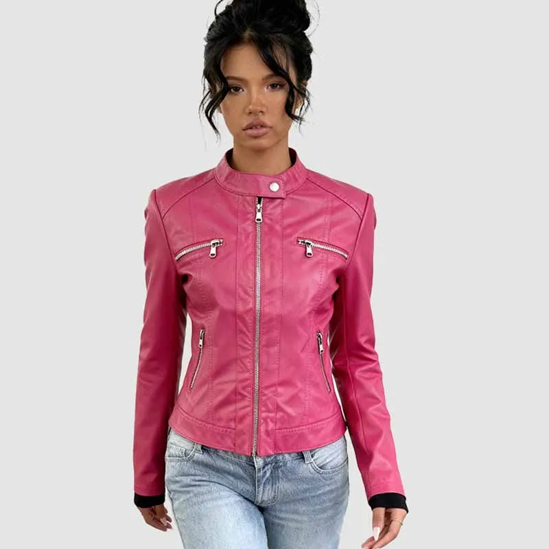 PU Leather Jacket for Women Black Brown Rose Orange Moto Biker Zipper Jackets Spring Autumn Streetwear Slim-Fit Short Outwear