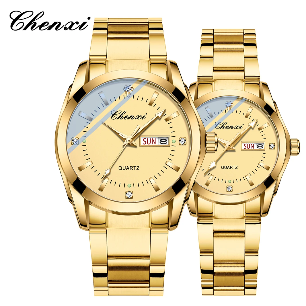 CHENXI 남녀 커플 시계 세트, 스테인레스 스틸 쿼츠, 달력 주간 손목시계, 커플 선물, 오리지널 브랜드