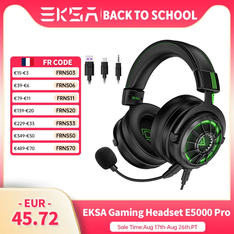 EKSA-Casque de jeu E5000 Pro pour PC, PS4, Xbox, Switch, casque filaire 7.1 avec micro ENC, USB, Type C, poignées de câ…