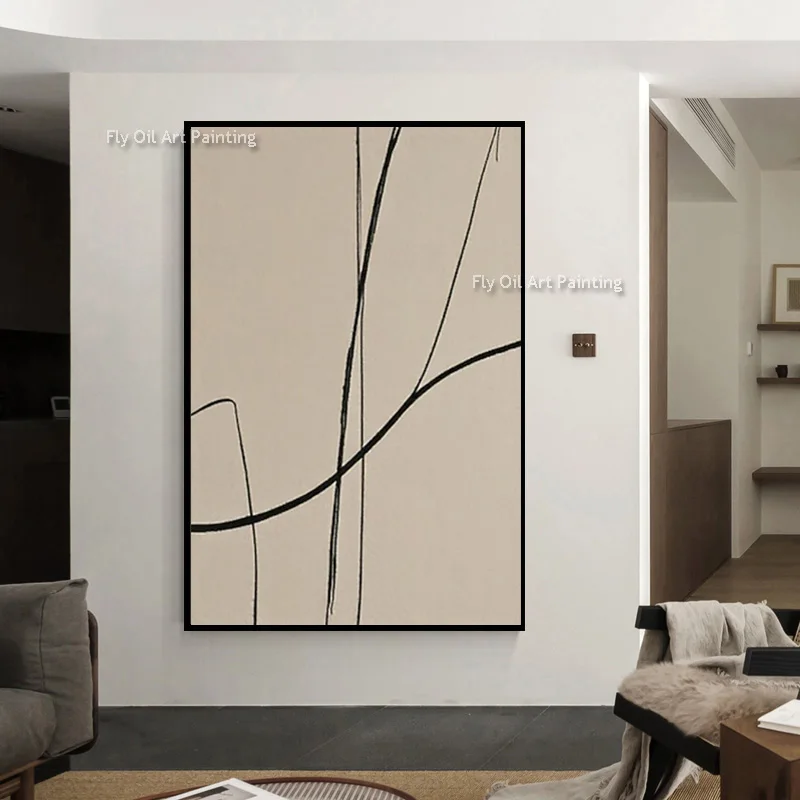 تصميم عصري كبير باللون البني والبيج الفني مصنوع يدويًا بخط أسود أصلي جديد وبيج لوحة زيتية بسيطة على قماش ديكور للغرفة