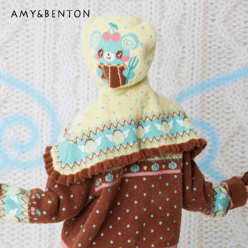

Original Autumn Winter Yellow Animal Print Knitted Women's Hats Japanese Style Sweet Cool Cute Lace-up Warm Cloak Hat Ladies