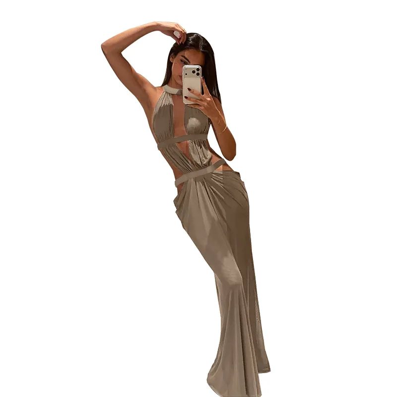 Sexy Neckline Sleeveless Floor-Length Dress Show Figure Slim Fit Backless Trendy Women's Casual V-Neck Gown Spring Summer Autumn view 5