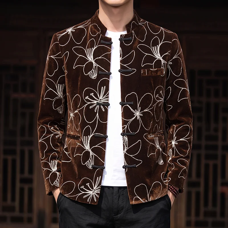 High-Quality Fashionable Chinese Men's Gold Velvet Jacket with Button Embroidered Flowers Stand Collar Retro Casual Top